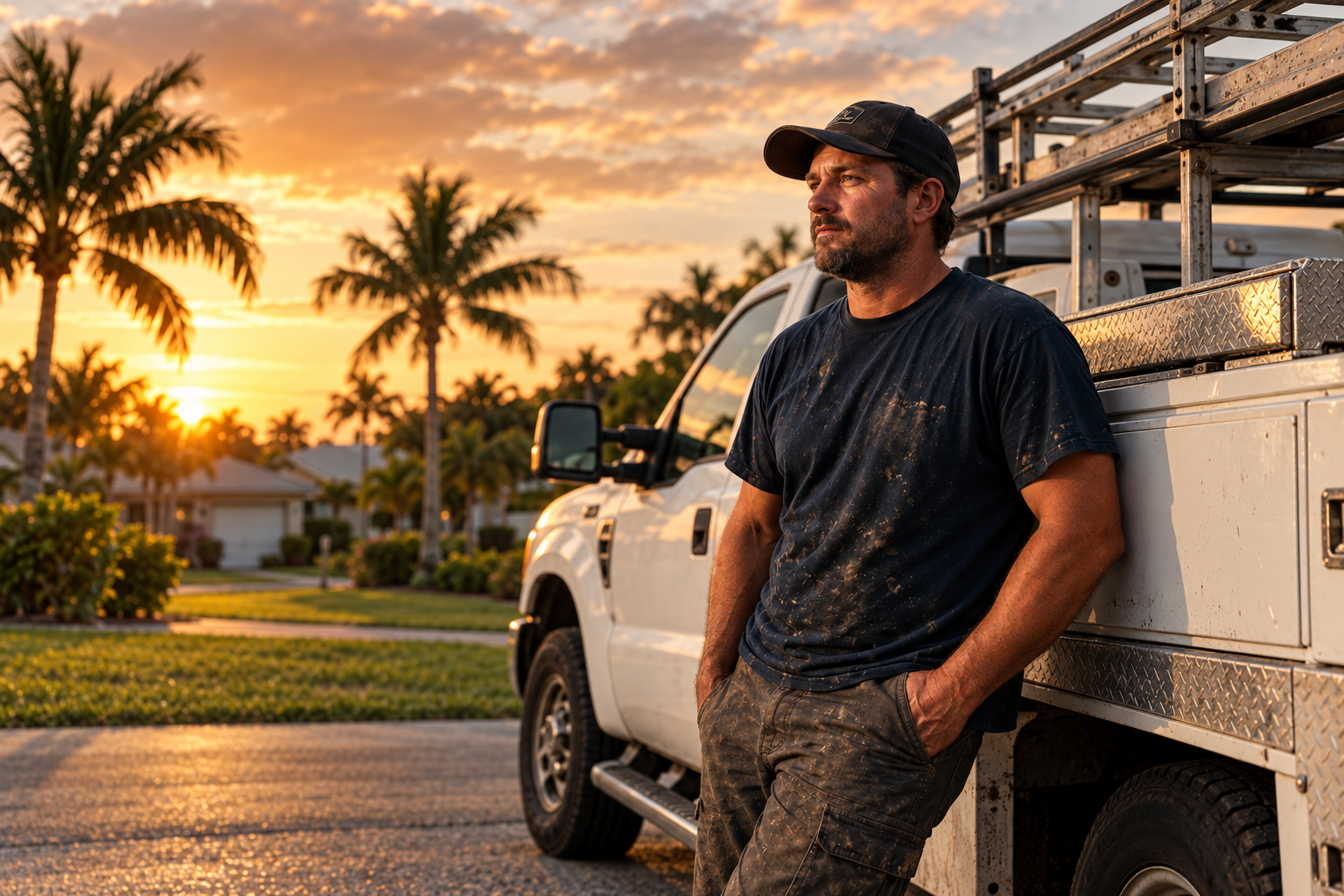 Illustrative Florida business owner beside his work truck