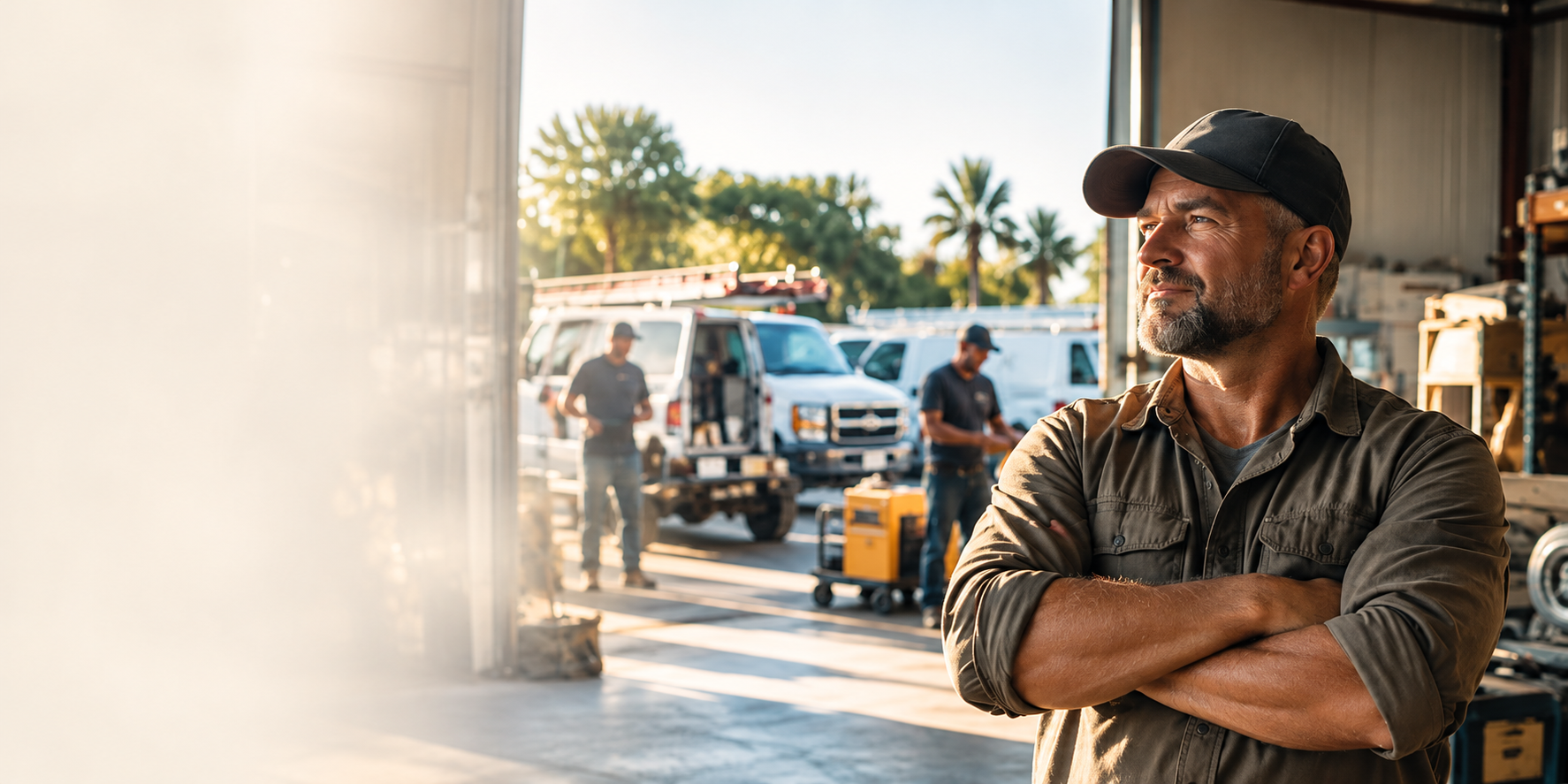 Business owner in a dark cap, with workers and service vehicles in the workshop yard